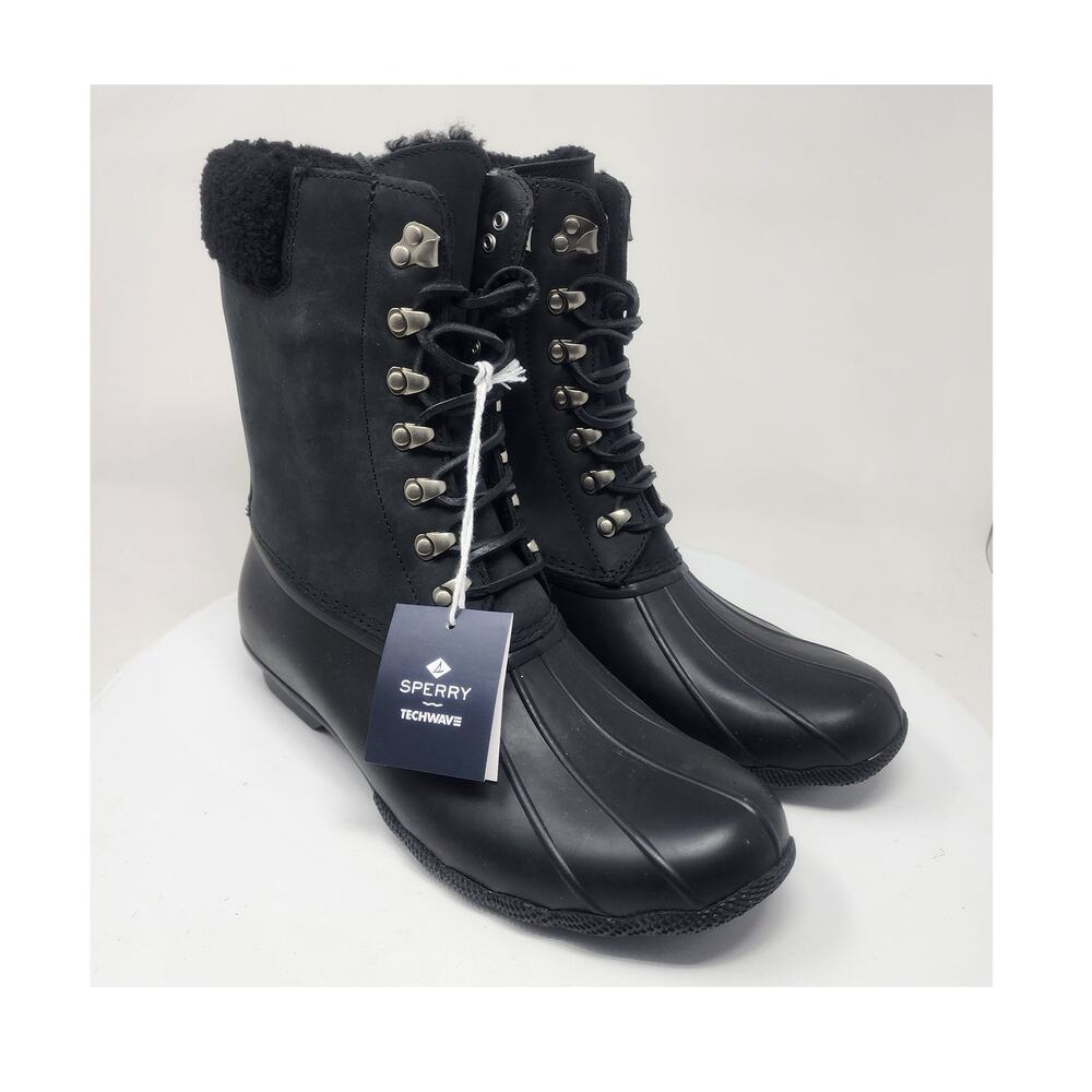 NWT Sperry Saltwater Tall Cozy Leather Duck Boot Women 12 Black Lace-up Rain